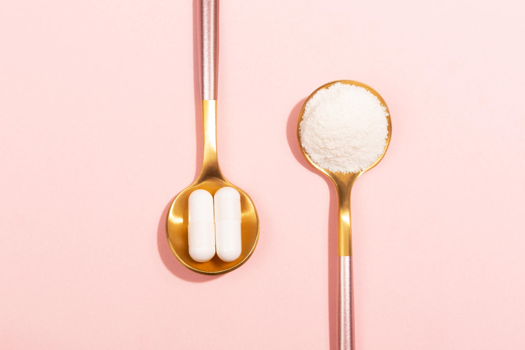 Collagen powder vs pills on a pink background