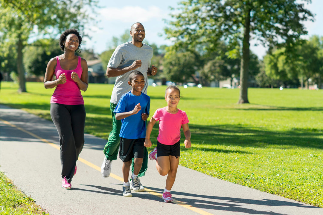 Family with strong joints, one of collagen peptides benefits, jogging in a park in the morning
