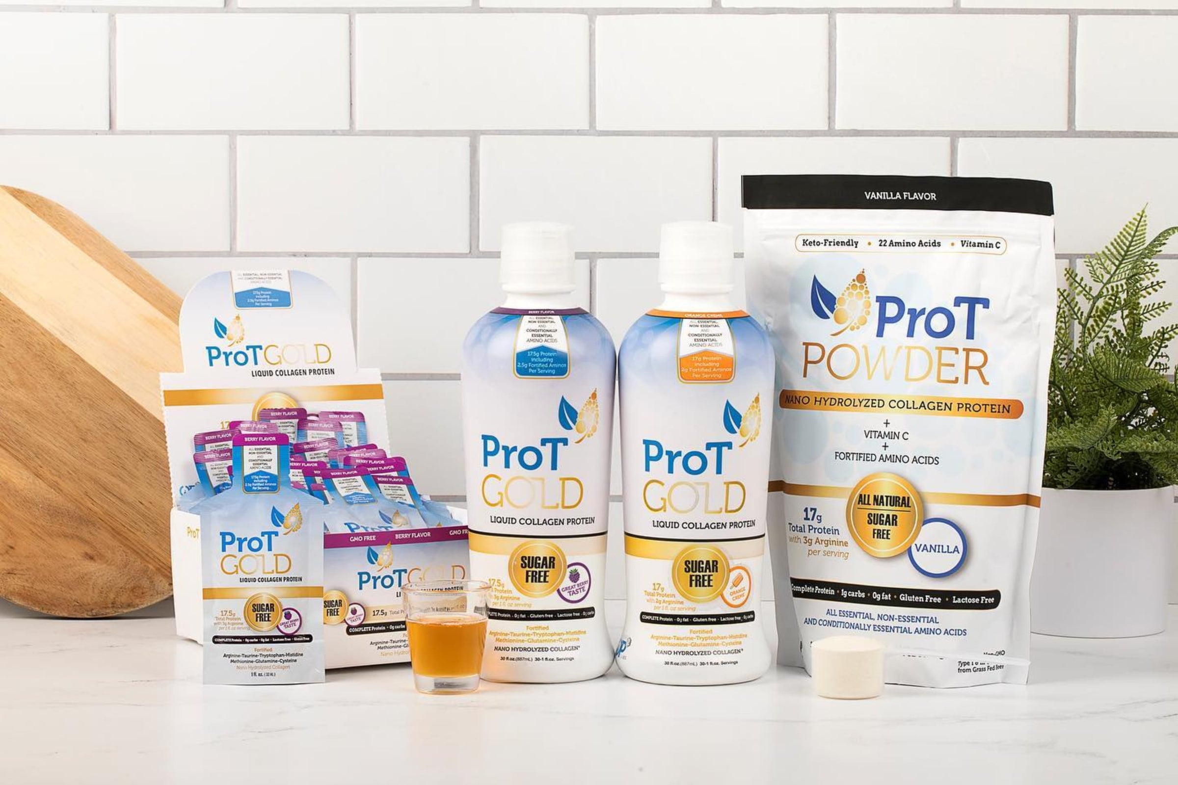 ProT Gold’s best collagen products on a white marble kitchen countertop