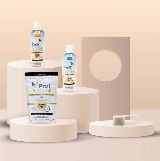 Collection of a diverse range of ProT Gold nano-hydrolyzed collagen products displayed on a podium
